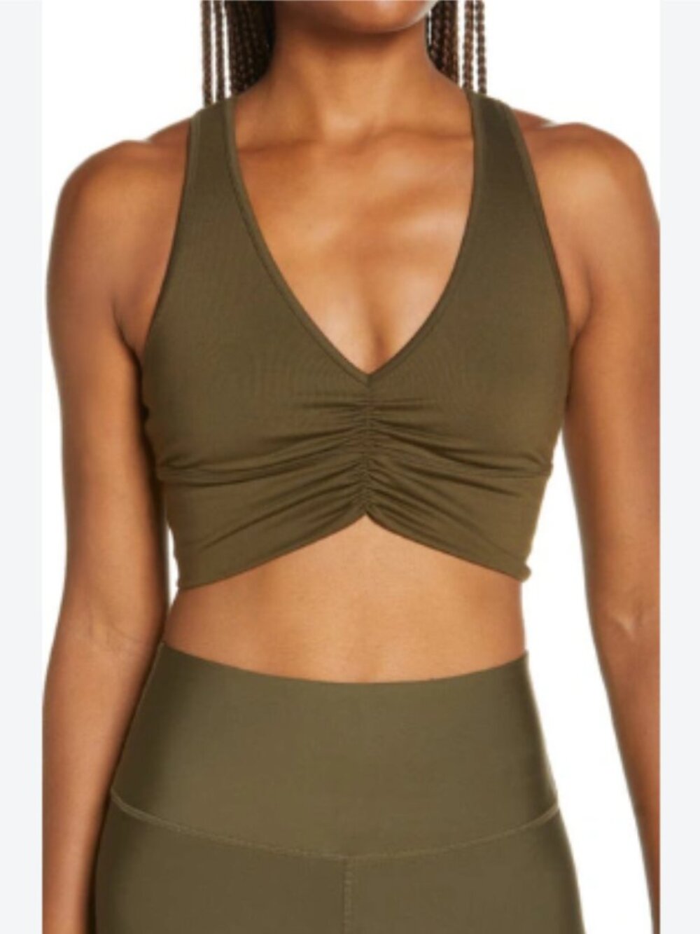ALO Yoga Wild Thing Bra V-Neck Ruched Dark Olive Airbrush Racerback Size Medium